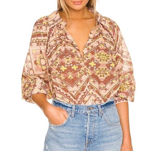 Cleobella Gina Blouse Geo Print Size Small Boho Organic Cotton Statement Casual - Picture 1 of 12